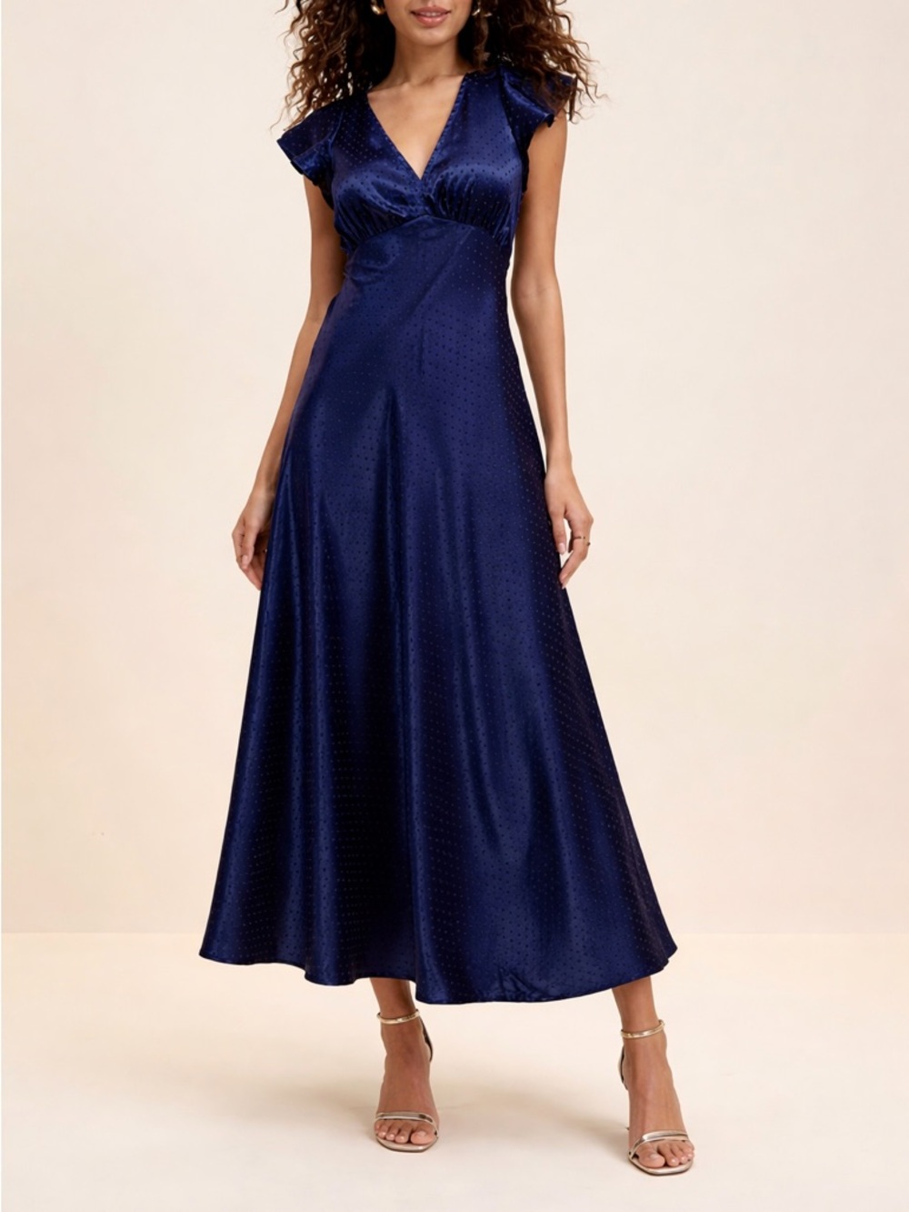 Navy Jacquard Satin Maxi Dress L‎ 12 Flutter Sleeve V Neck Slit Gown